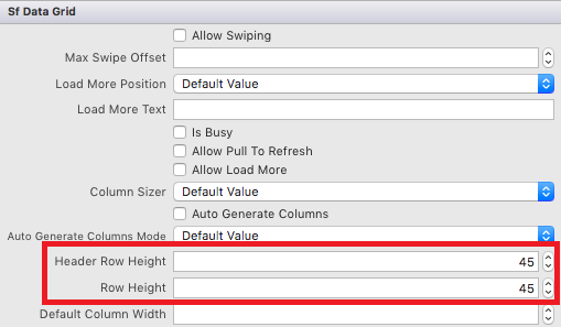 SfDataGrid properties