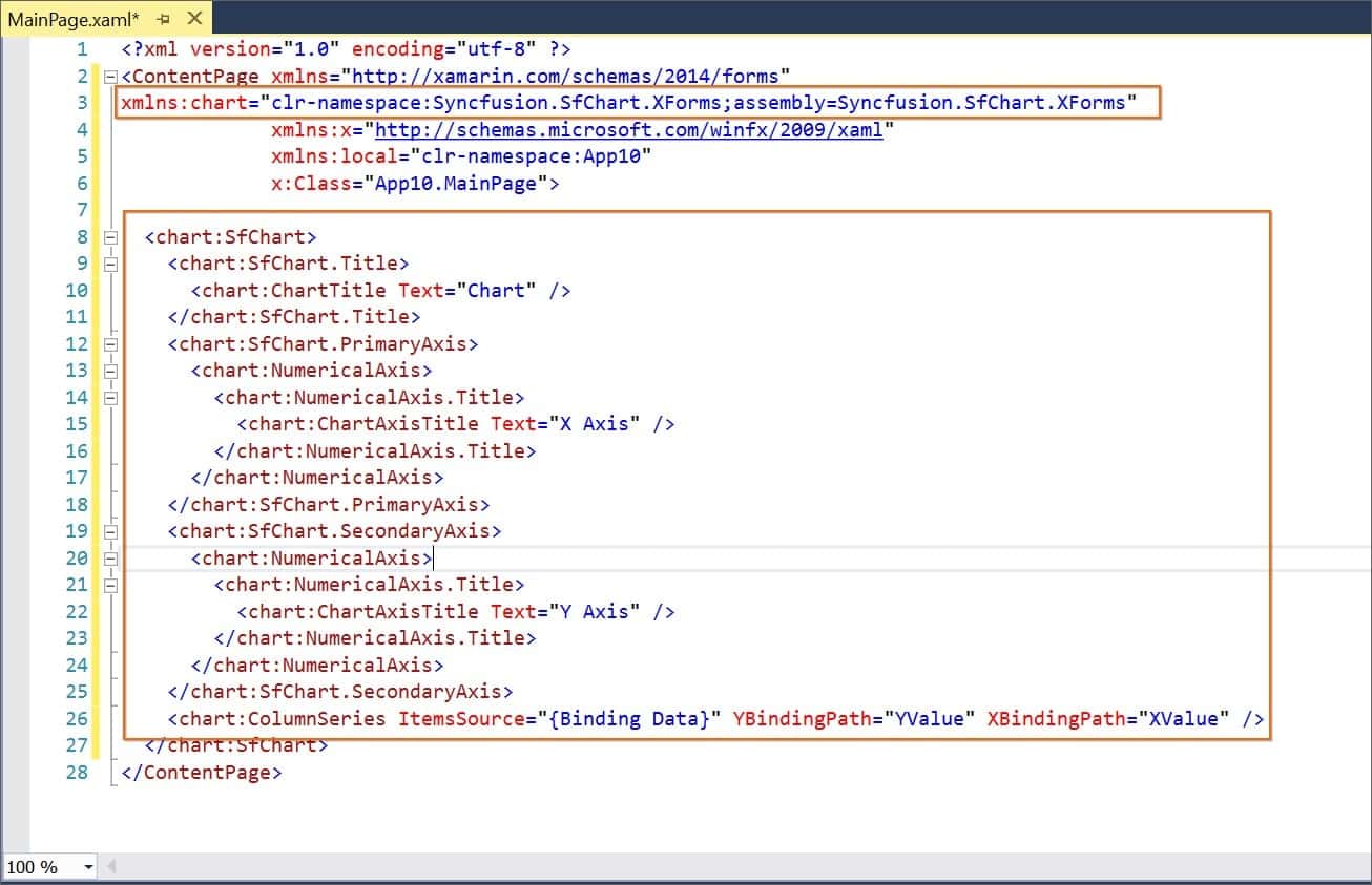 Required Syncfusion<sup>®</sup> control code snippet and namespace in design page