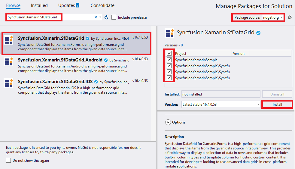 Adding SfDataGrid reference from NuGet